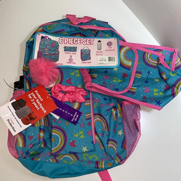 Rainbow Print Girls Backpack Blue w/ Lunch Box, Pencil Case and Accessories - Picture 2 of 6